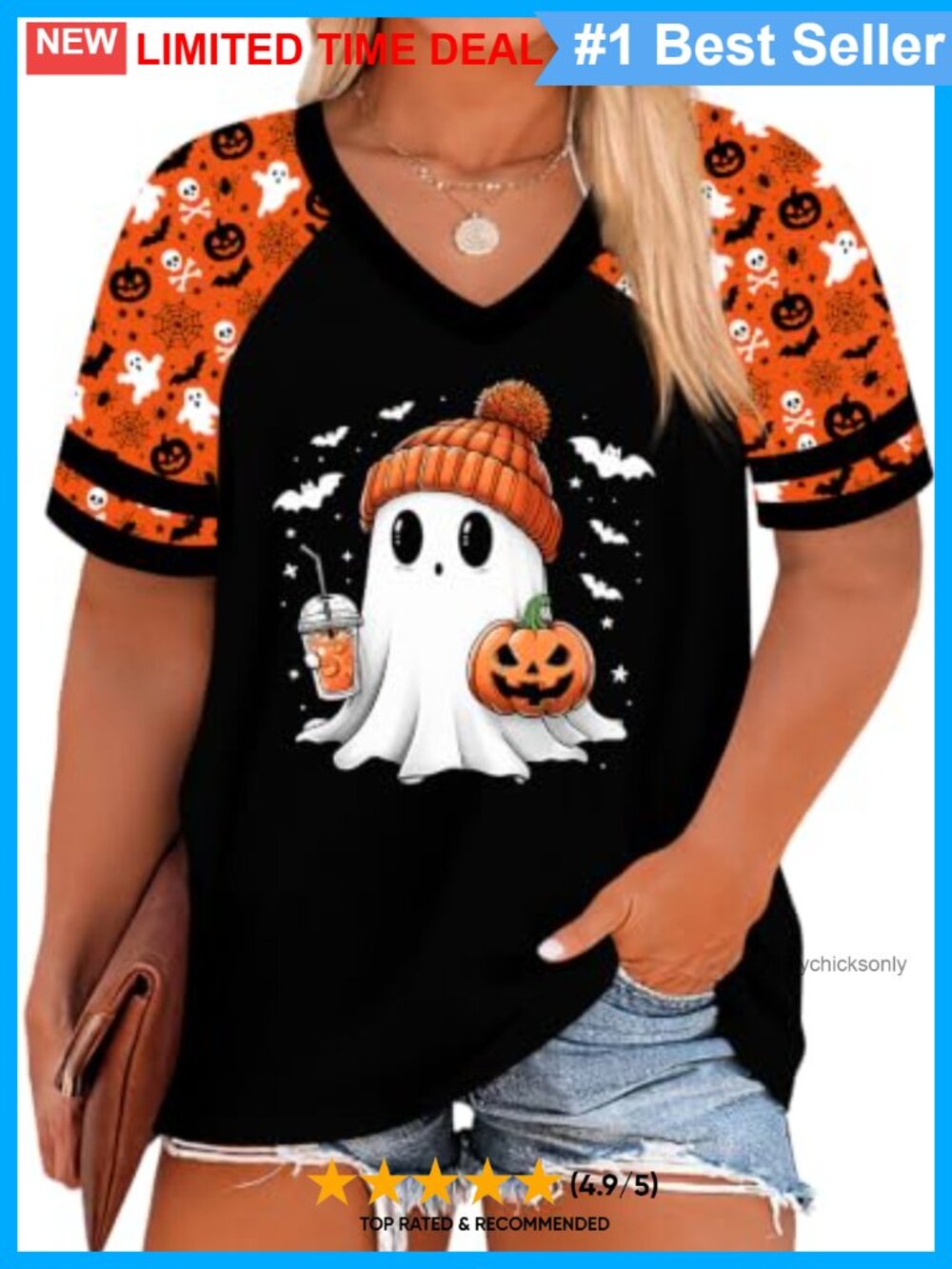 Plus Size Halloween Graphic T-Shirt V-Neck Short Sleeve Fall Top